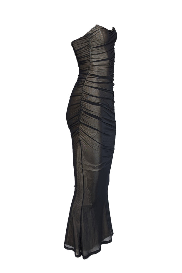 Retrofete - Black Mesh Ruched Strapless Formal Gown Sz XXS Retrofete - Black Mesh Ruched Strapless Formal Gown Sz XXS