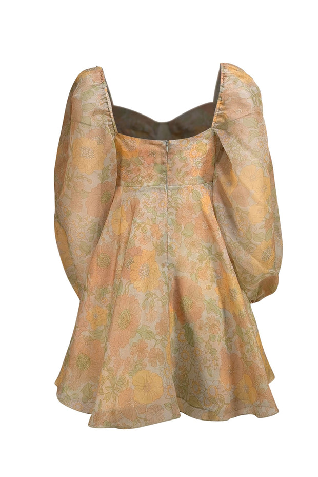 Selkie - Green & Yellow Floral Semi-Sheer Citrus Trip Puff Mini Dress Selkie - Green & Yellow Floral Semi-Sheer Citrus Trip Puff Mini Dress