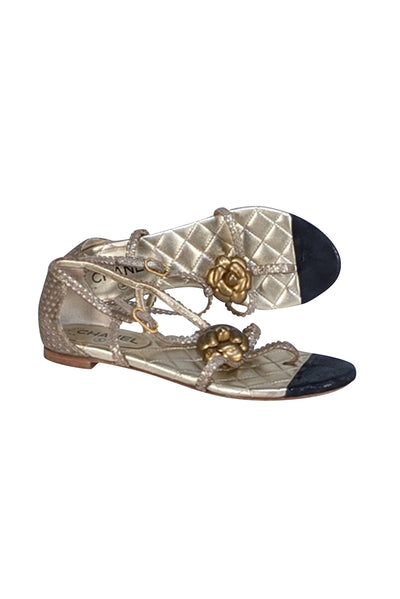 Chanel - Gold Quilted Strappy Thong Sandal Sz 9 - Current Boutique