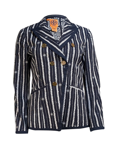 Tory Burch - Navy Blue & White Nautical Rope Print Blazer Sz 8 - Current Boutique