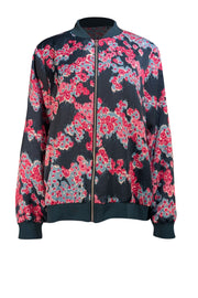 Jason Wu - Dark Green w/ Teal & Pink Print Zipper Front Bomber Jacket Sz L - Current Boutique