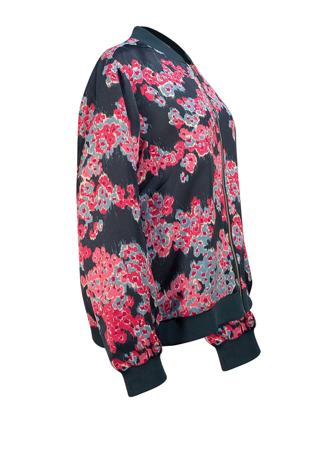 Jason Wu - Dark Green w/ Teal & Pink Print Zipper Front Bomber Jacket Sz L - Current Boutique