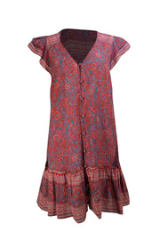 Veronica Beard - Red & Blue Print V-Neckline Button Front Shift Dress Sz M