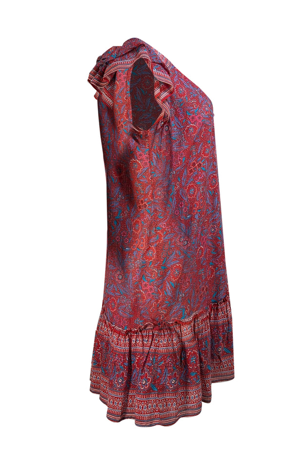 Veronica Beard - Red & Blue Print V-Neckline Button Front Shift Dress Sz M