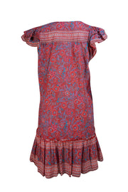Veronica Beard - Red & Blue Print V-Neckline Button Front Shift Dress Sz M