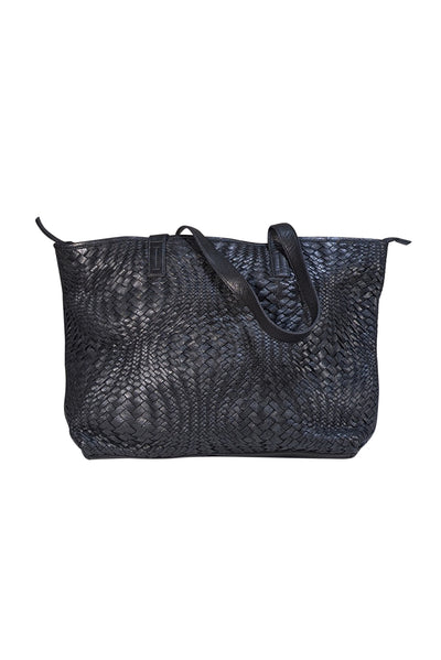 Day & Mood - Black Genuine Leather Woven Top Zipper Tote Bag - Current Boutique