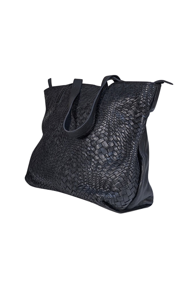 Day & Mood - Black Genuine Leather Woven Top Zipper Tote Bag - Current Boutique