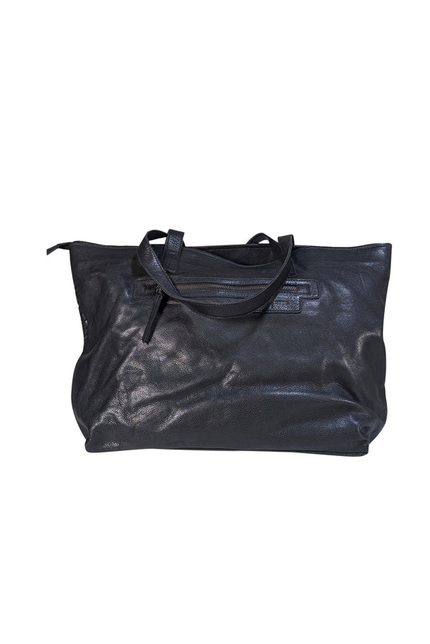 Day & Mood - Black Genuine Leather Woven Top Zipper Tote Bag - Current Boutique
