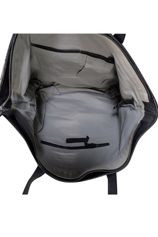 Day & Mood - Black Genuine Leather Woven Top Zipper Tote Bag - Current Boutique