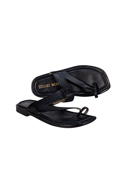 Stuart Weitzman - Black Leather Toe Strap Sandals Sz 7.5 - Current Boutique