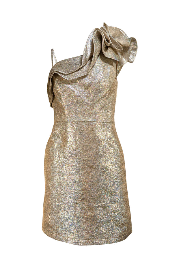 Ieena - Gold Metallic Brocade Ruffled One Shoulder Dress Sz 2 Ieena - Gold Metallic Brocade Ruffled One Shoulder Dress Sz 2