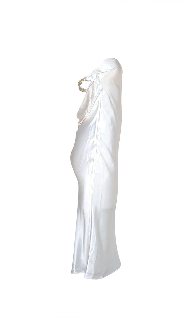 Retrofete - Ivory Satin Strapless Midi Slip Dress w/Pearl Back Sz XS - Current Boutique