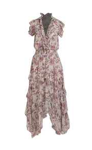 MISA Los Angeles - Pastel Metallic Pink w/Rose Pink floral Print Maxi Dress Sz XS