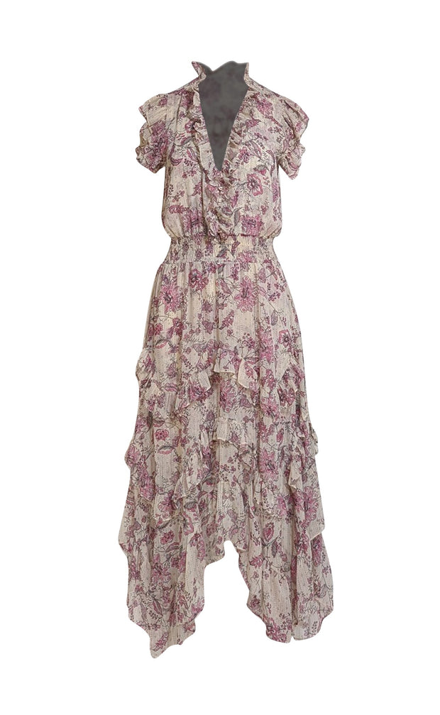 MISA Los Angeles - Pastel Metallic Pink w/Rose Pink floral Print Maxi Dress Sz XS