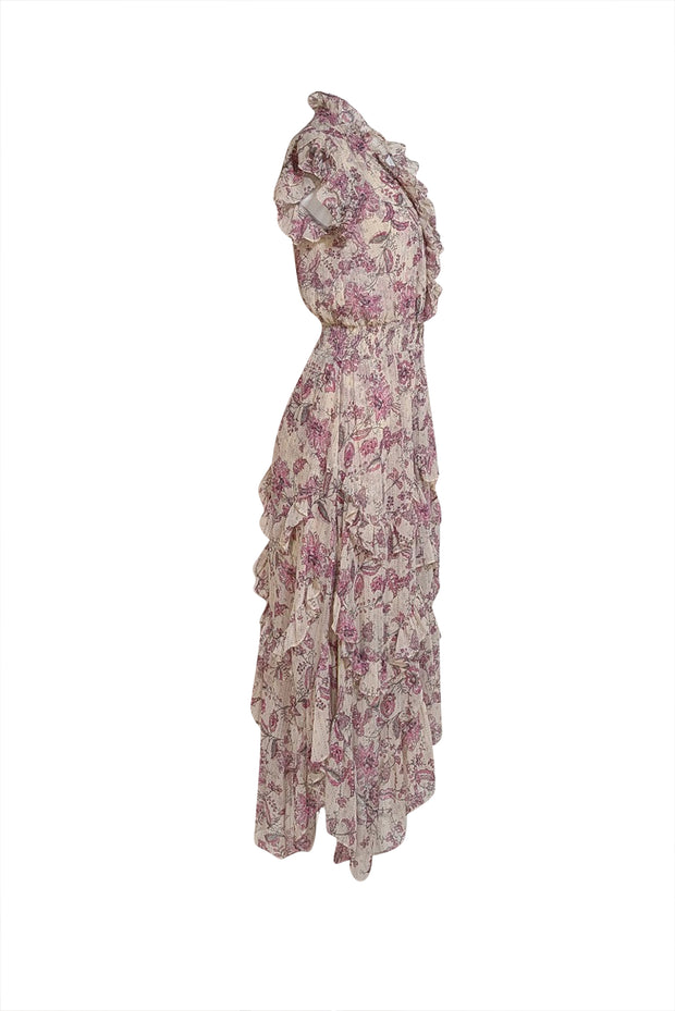 MISA Los Angeles - Pastel Metallic Pink w/Rose Pink floral Print Maxi Dress Sz XS