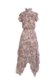 MISA Los Angeles - Pastel Metallic Pink w/Rose Pink floral Print Maxi Dress Sz XS