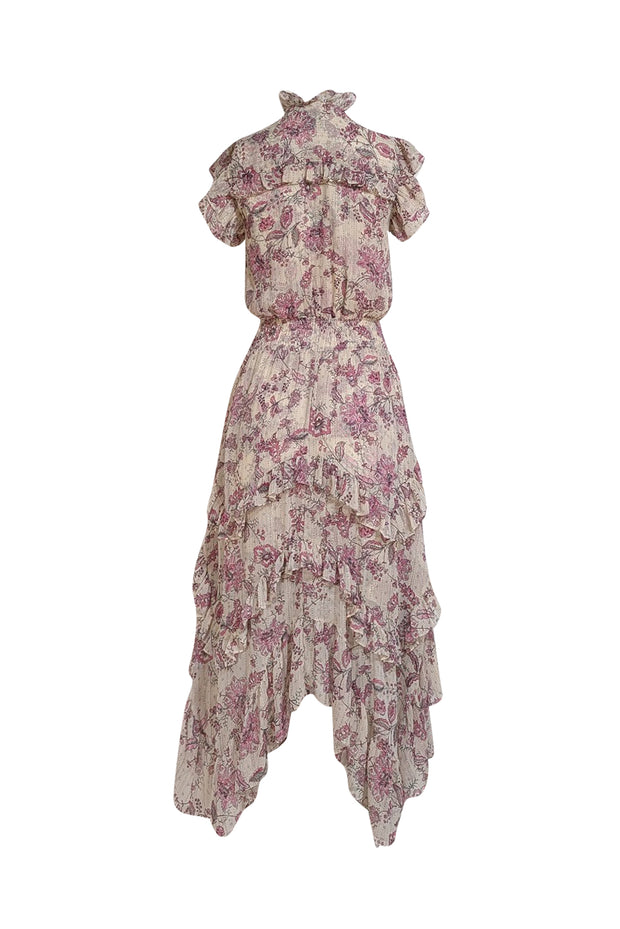 MISA Los Angeles - Pastel Metallic Pink w/Rose Pink floral Print Maxi Dress Sz XS