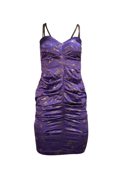 Nicole Miller - Purple & Gold Silk Blend Ruched Dress Sz 4 - Current Boutique