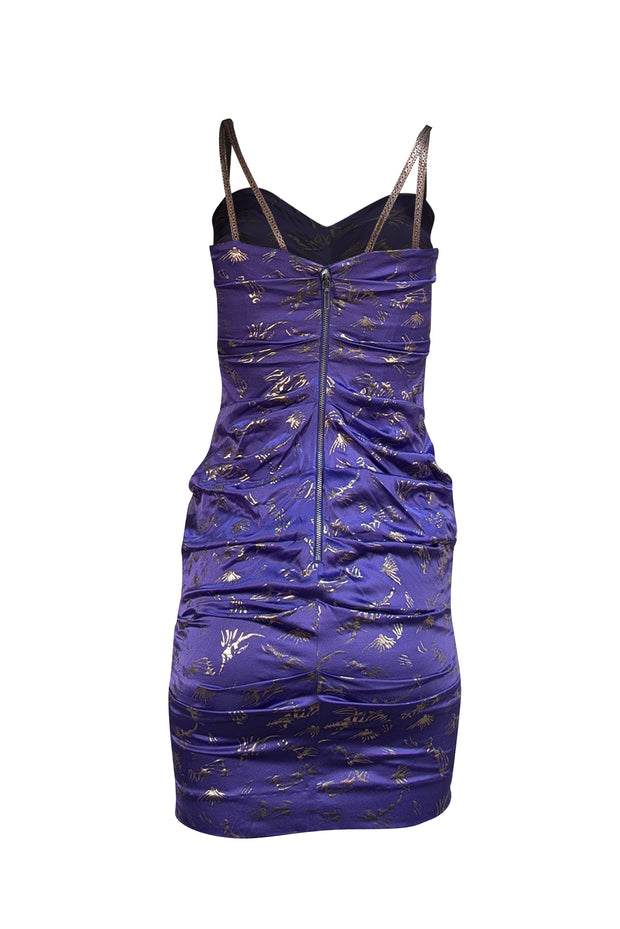 Nicole Miller - Purple & Gold Silk Blend Ruched Dress Sz 4 - Current Boutique