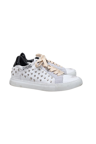 Zadig & Voltaire - Distressed White Leather Heart Embellished Sneakers Sz 9