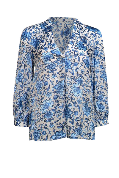 Alice & Olivia - Blue & White Floral "Shelia" Blouse Sz S - Current Boutique
