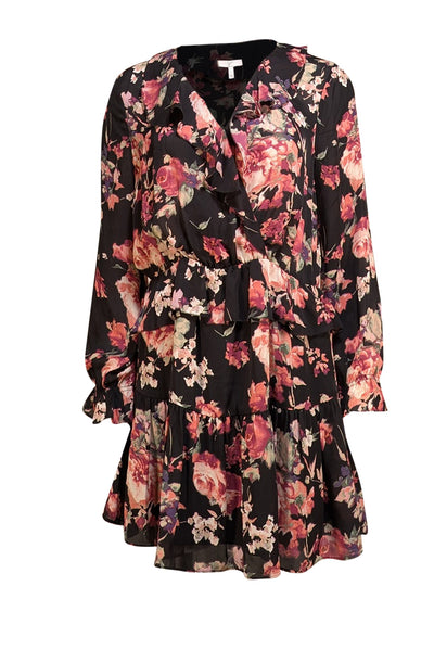 Joie - Black & Pink Floral Print Mini "Joada" Dress Sz L - Current Boutique