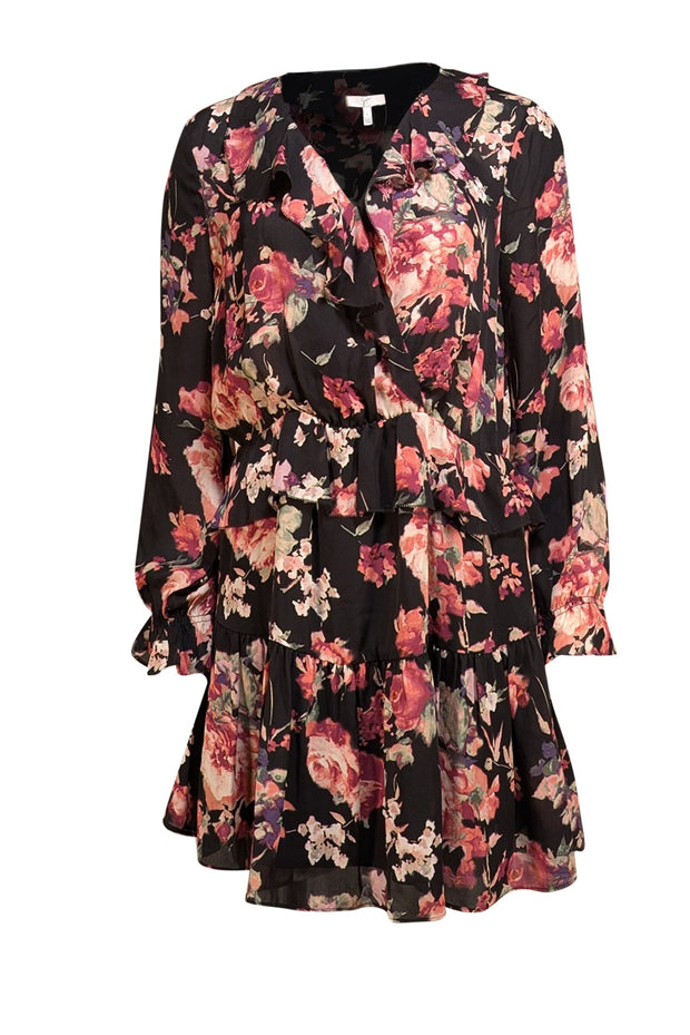 Joie - Black & Pink Floral Print Mini "Joada" Dress Sz L - Current Boutique