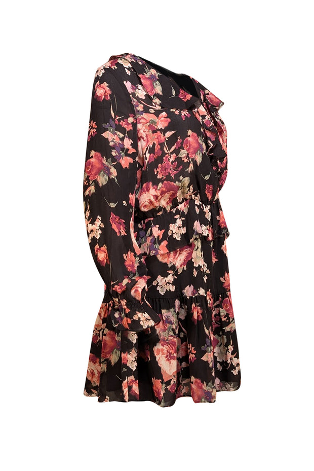 Joie - Black & Pink Floral Print Mini "Joada" Dress Sz L - Current Boutique