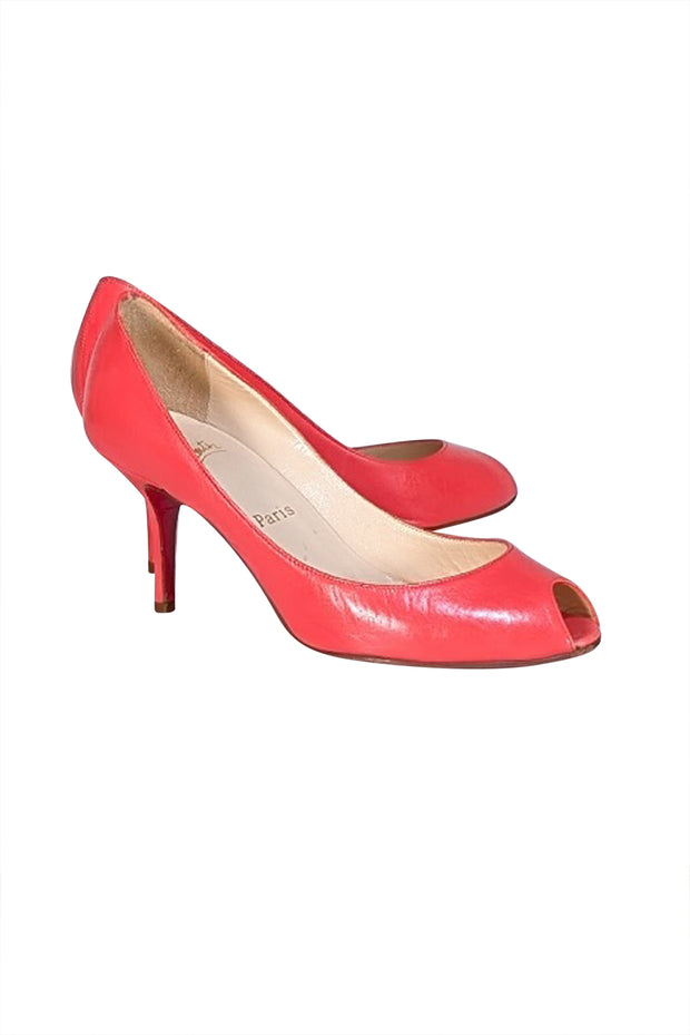 Christian Louboutin - Neon Corasl Pink Leather Peep Toe Pumps Sz 8 - Current Boutique