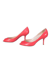 Christian Louboutin - Neon Corasl Pink Leather Peep Toe Pumps Sz 8 - Current Boutique