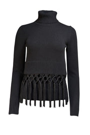 Michael Kors - Black Cashmere Turtleneck Fringe Hem Sweater Sz XS - Current Boutique