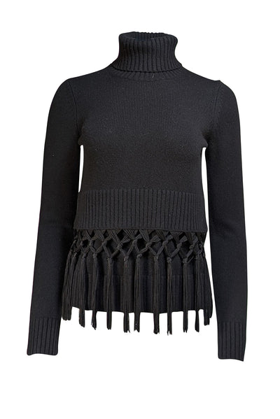 Michael Kors - Black Cashmere Turtleneck Fringe Hem Sweater Sz XS - Current Boutique