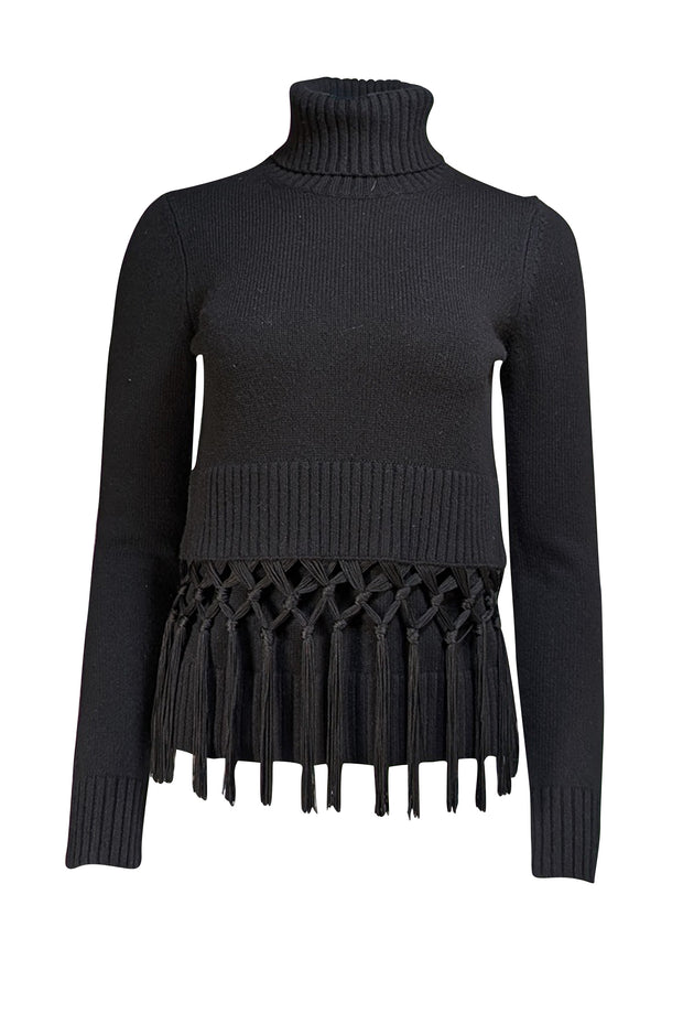 Michael Kors - Black Cashmere Turtleneck Fringe Hem Sweater Sz XS - Current Boutique