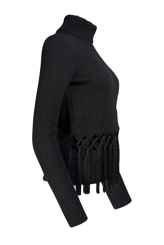 Michael Kors - Black Cashmere Turtleneck Fringe Hem Sweater Sz XS - Current Boutique