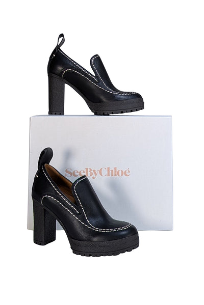 See by Chloe - Black Leather "Claudia" Platform Loafer Heels Sz 6