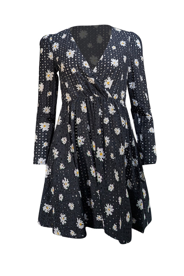 Maje - Black & White Daisy Print Eyelet Mini "Rayom" Dress Sz 4 Maje - Black & White Daisy Print Eyelet Mini "Rayom" Dress Sz 4