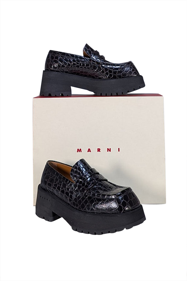 Marni - Black Croc Embossed Leather Platform Loafer Sz 9.5 - Current Boutique