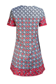Louis Vuitton - White, Navy, & Red Motif Print Short Sleeve Dress Sz M - Current Boutique