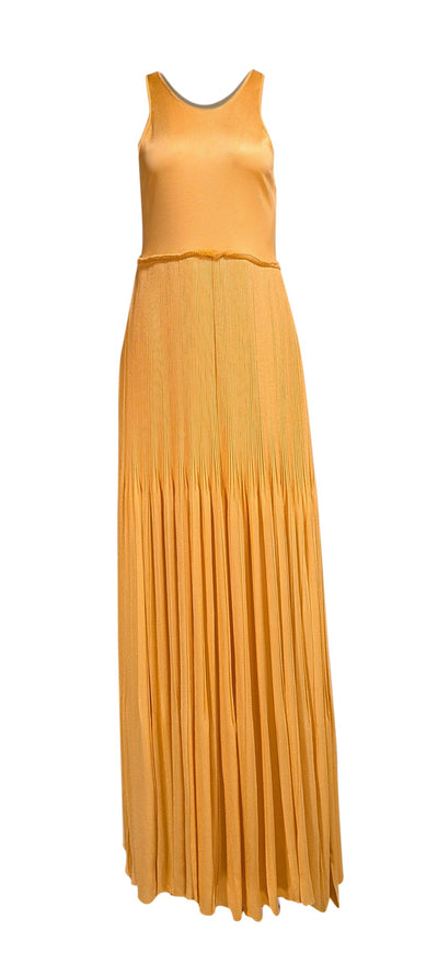 St. John - Yellow Sleeveless Accordion Plisse Knit Maxi Dress Sz 8 - Current Boutique