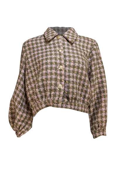 L'Agence - Olive Green & Pink Plaid Tweed Cropped Jacket Sz 8 - Current Boutique