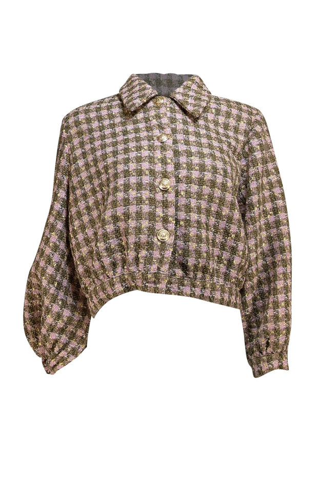 L'Agence - Olive Green & Pink Plaid Tweed Cropped Jacket Sz 8 - Current Boutique
