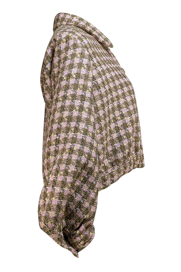 L'Agence - Olive Green & Pink Plaid Tweed Cropped Jacket Sz 8 - Current Boutique