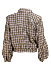 L'Agence - Olive Green & Pink Plaid Tweed Cropped Jacket Sz 8 - Current Boutique