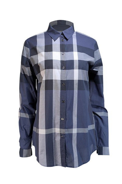 Burberry - Navy & White Plaid Button Front Shirt Sz M - Current Boutique