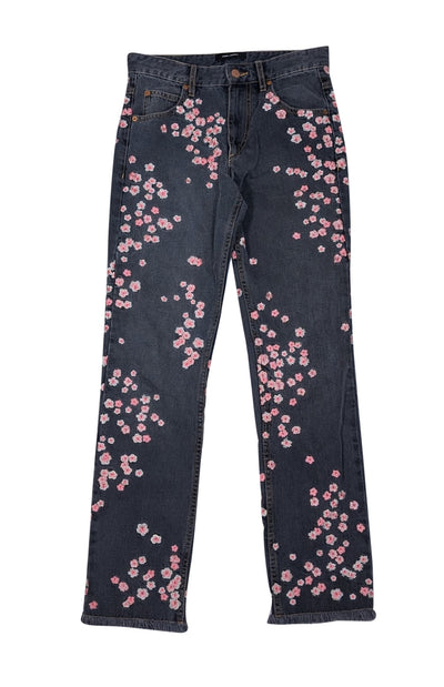 Isabel Marant - Black Wash Denim w/ Pink Floral Embroidered Print Jeans Sz 4 - Current Boutique