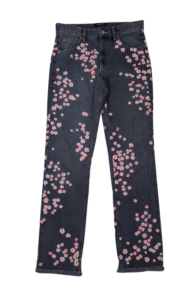Isabel Marant - Black Wash Denim w/ Pink Floral Embroidered Print Jeans Sz 4 - Current Boutique