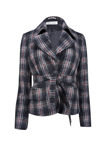 Max Mara - Grey Plaid Waist Tie Jacket Sz 4