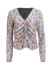 Veronica Beard - Light Blue w/ Cream & Pink Floral Print Ruched Tie Middle Top Sz 4 - Current Boutique