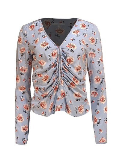 Veronica Beard - Light Blue w/ Cream & Pink Floral Print Ruched Tie Middle Top Sz 4 - Current Boutique