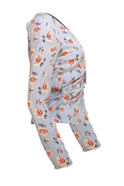 Veronica Beard - Light Blue w/ Cream & Pink Floral Print Ruched Tie Middle Top Sz 4 - Current Boutique